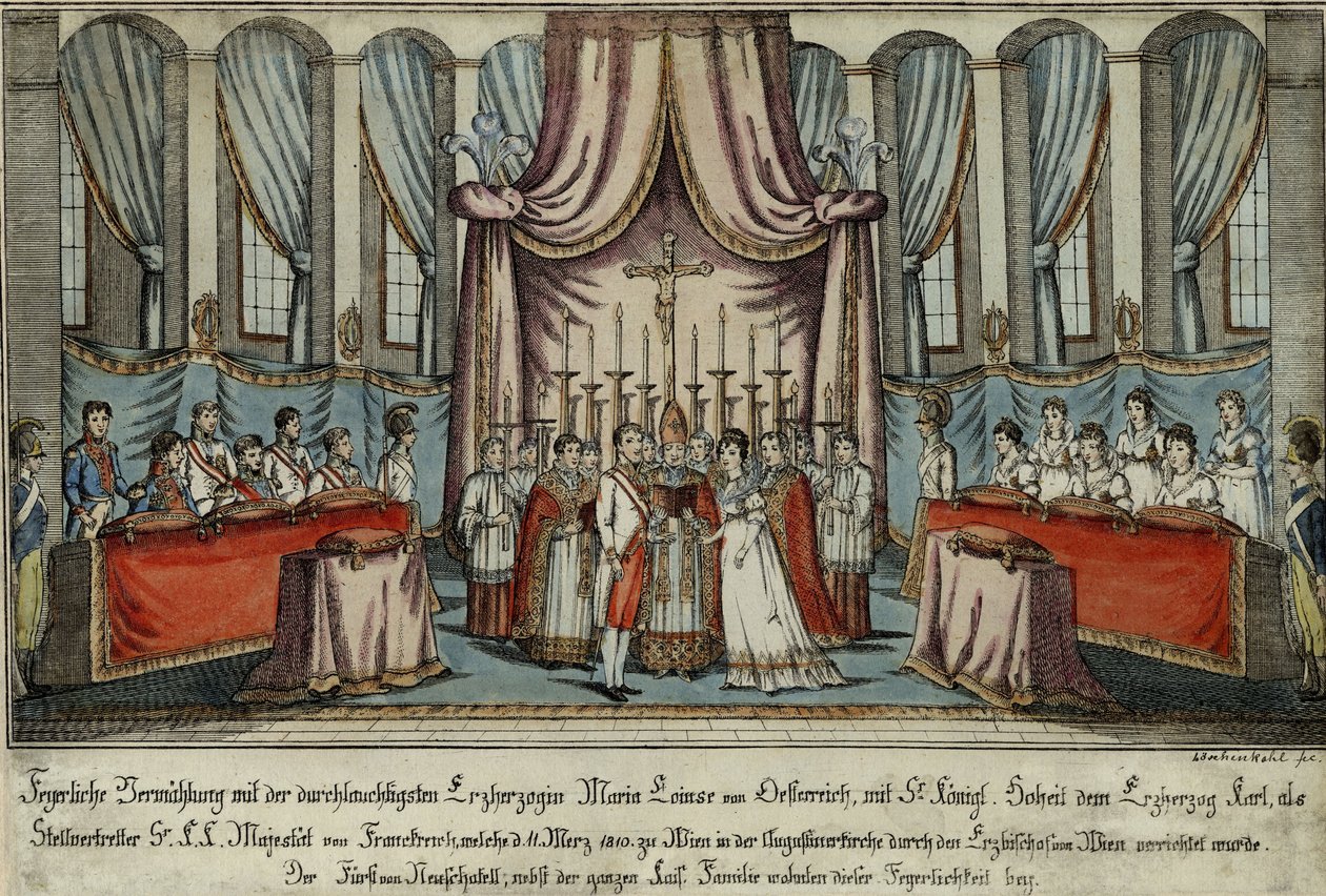玛丽·路易丝（Marie-Louise）在维也纳与代理人拿破仑结婚，查尔斯大公（Archduke Charles）代表拿破仑（18岁） 作者 约翰·希罗尼缪斯·罗申科