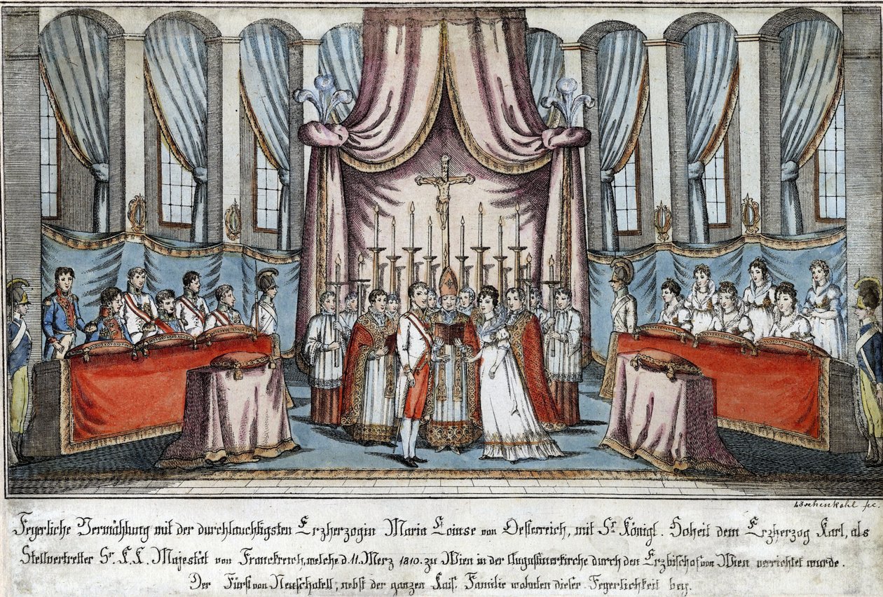 Marie-Louise married Napoleon by proxy in Vienna, with Archduke Charles standing in for Napoleon - Loeschenkohl, Johann Hieronymus (1753-1807) - 1810 - Etching, watercolour - 33,4x44,5 - Private Collection 作者 约翰·希罗尼缪斯·罗申科