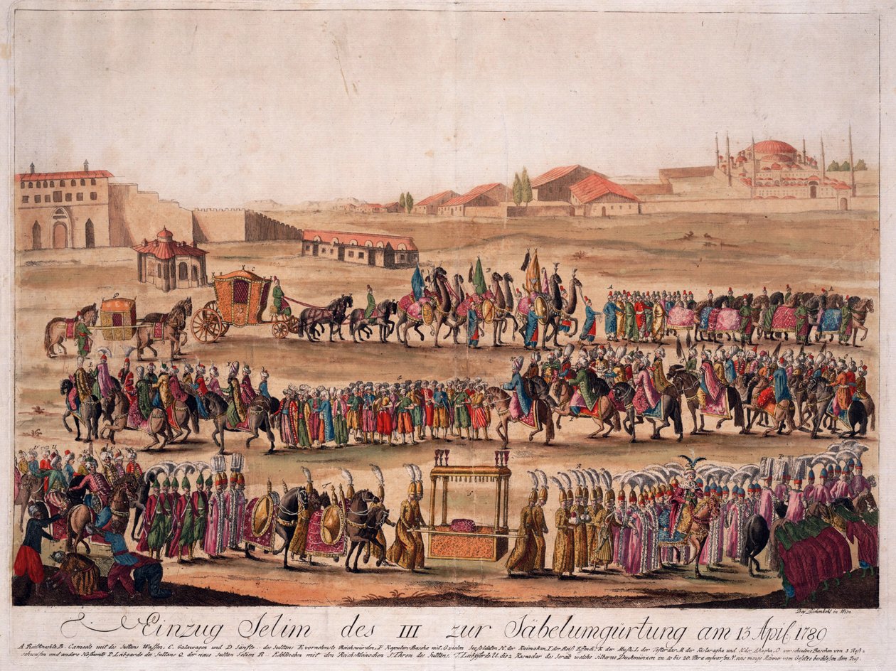 苏丹塞利姆三世(1761-1808)1789年4月13日进入腰部佩刀的场景 - Loeschenkohl, Johann Hieronymus (1753-1807) - 1789年 - 蚀刻画，水彩画 - 38,6x50,2 - 私人收藏 作者 约翰·希罗尼缪斯·罗申科