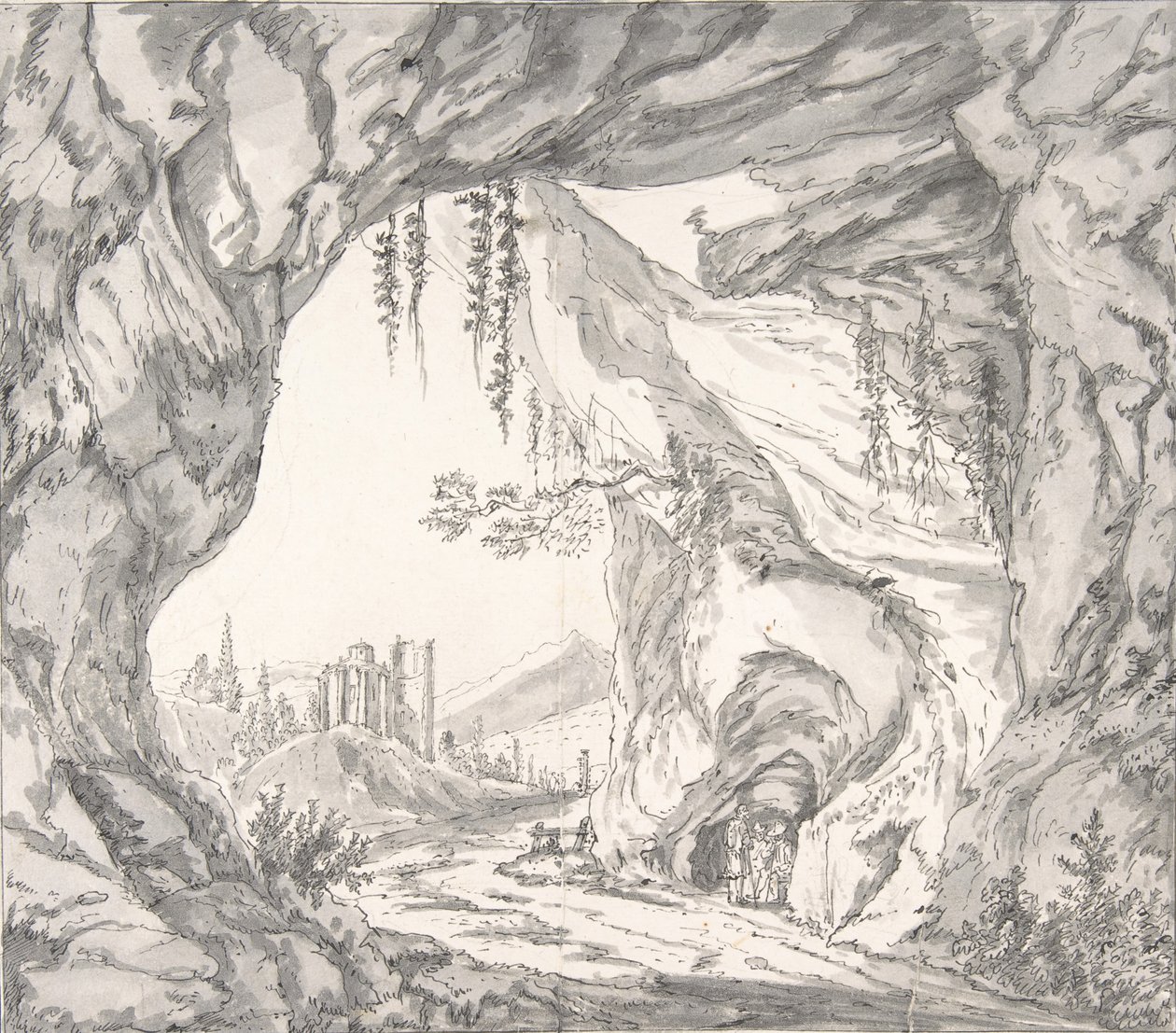 山区风景与城堡的废墟和洞穴中的三个人......，18世纪末至19世纪初。 作者 约翰·胡贝尔