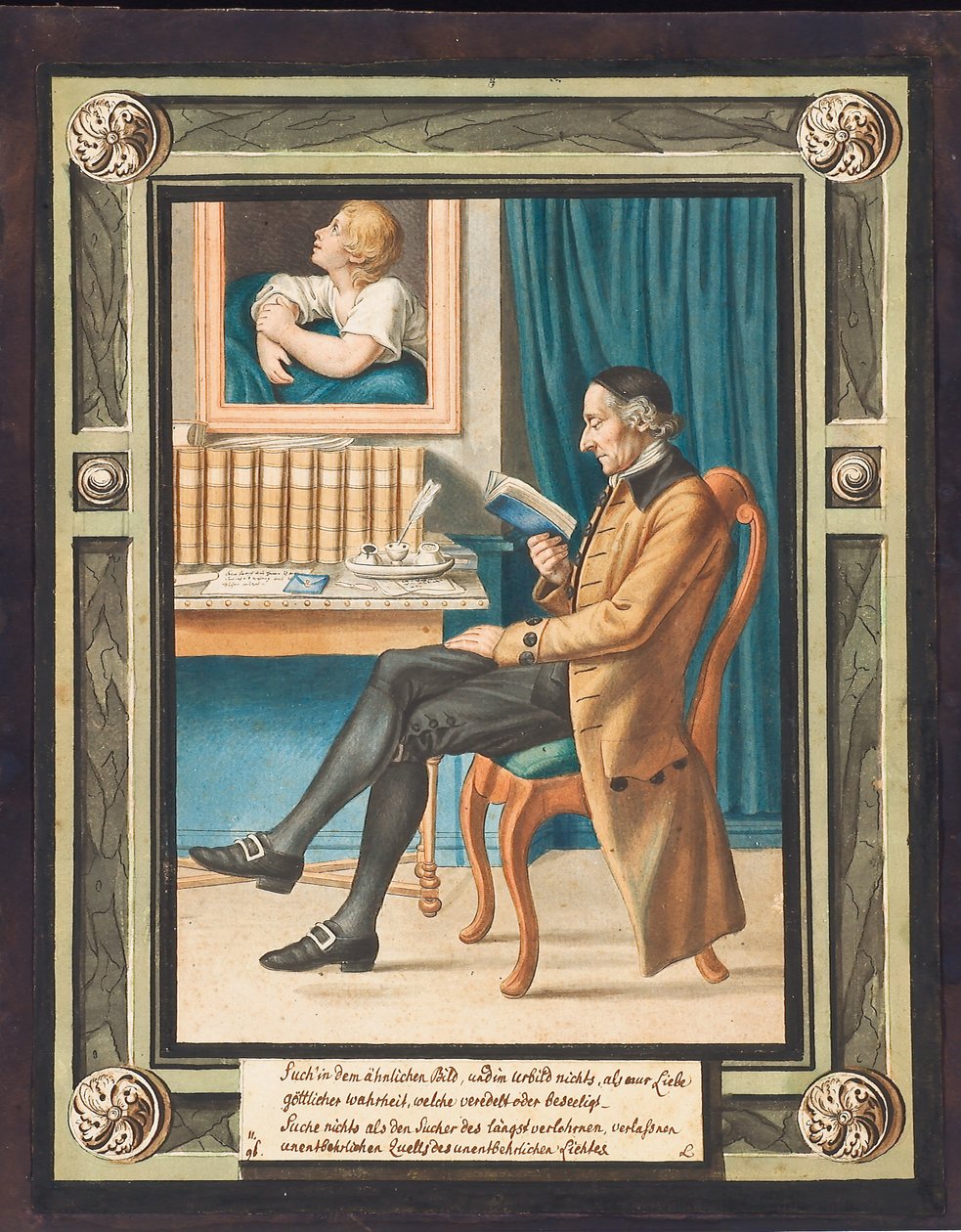 约翰-卡斯帕尔-拉瓦特（Johann Caspar Lavater，1741-1801 年）左侧侧面像，坐着看书（雕版水彩画） 作者 约翰雅各布嘴唇