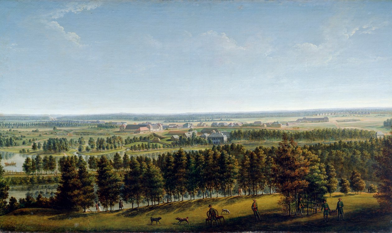 从1790年代的加契纳宫（Gatchina Palace）看宫殿公园。 作者 约翰·雅各布·梅滕利特（Johann Jakob Mettenleiter）