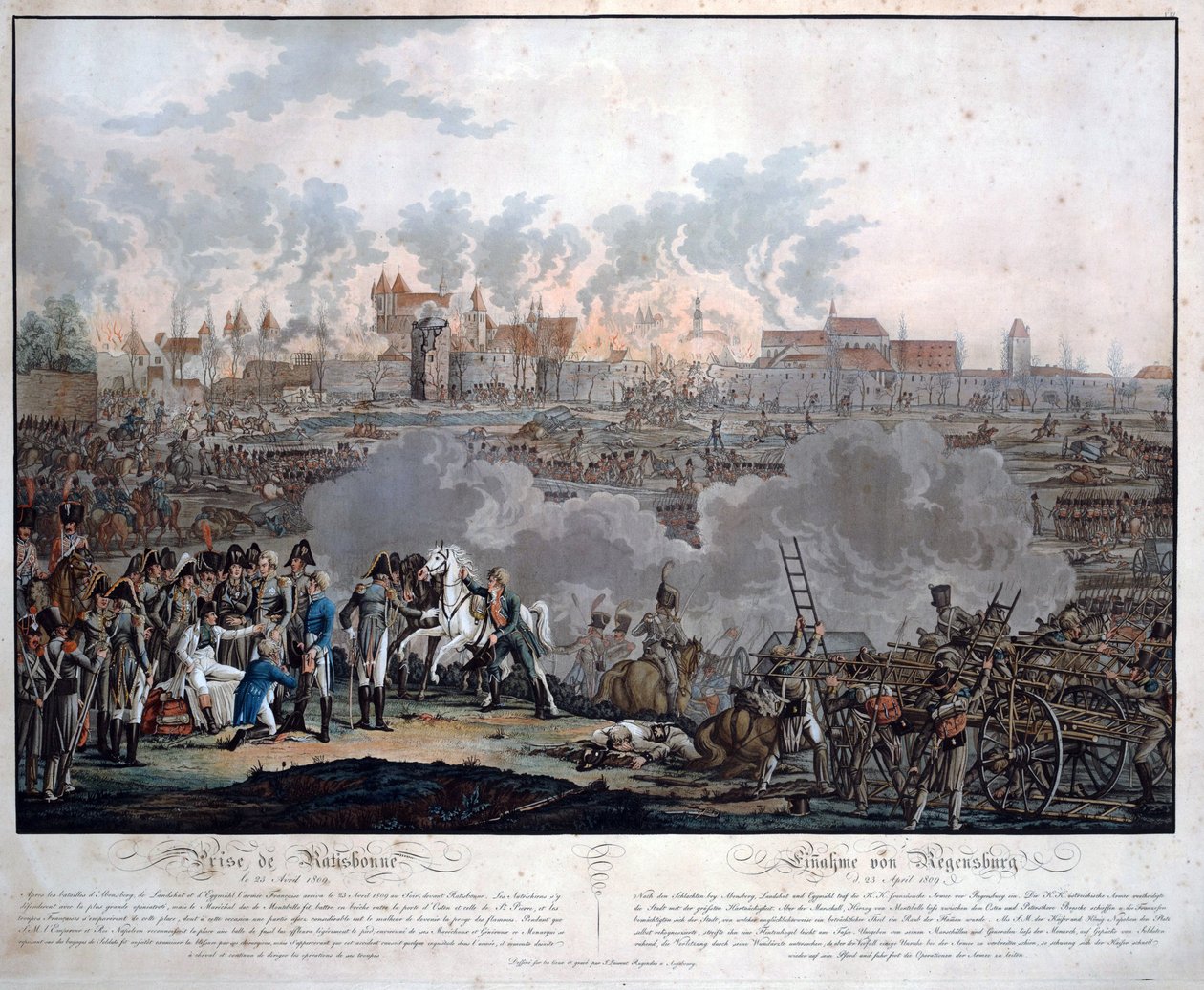 1809 年 4 月 23 日的拉蒂斯邦战役 (bataille de Ratisbonne ou Regensburg) - Rugendas, Johann Lorenz, the Younger (1775-1826) - 1809 - Aquatint - 54,6x65,4 - 私人收藏 作者 约翰·洛伦兹·鲁根达斯（Johann Lorenz Rugendas）