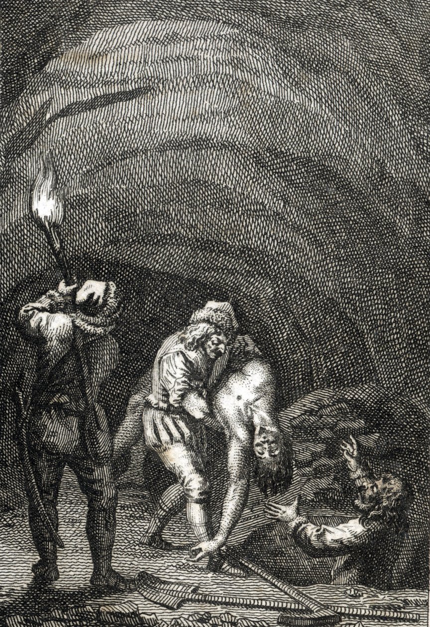 荷兰威廉二世之死，被弗里斯兰人杀死，弗里斯兰人将其秘密埋葬在一栋房子的地板下 约翰-迈克尔-梅滕莱特（Johann Michael Mettenleiter，1765-1853 年）1800 年雕刻 私人收藏 作者 约翰·迈克尔·梅滕莱特