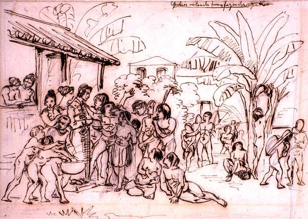参观庄园的印第安人，巴西，约1825年（铅笔和棕色墨水）。 作者 约翰·莫里茨·鲁根达斯