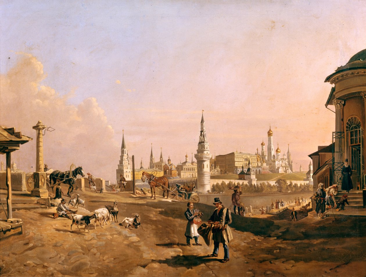 从Zamoskvorechye拍摄的莫斯科大剧院Kamenny桥和克里姆林宫的风景，1837年 作者 约翰·内波穆克（Johann Nepomuk Rauch）