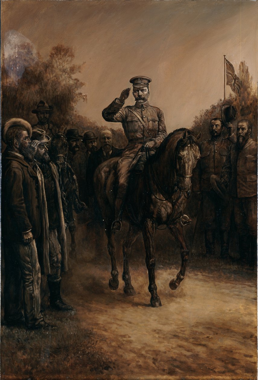 基奇纳勋爵（Lord Kitchener）将军骑行经过布尔人领导人，向他们挥舞着帽子，向他们敬礼，1902年 作者 约翰·内波穆克·申伯格