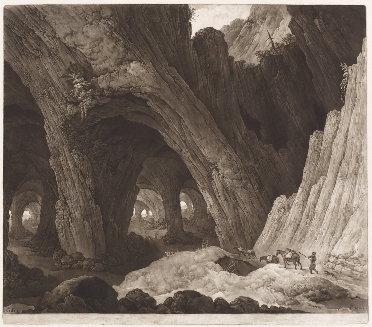 在巨大的洞穴中休息的旅行者 作者 Johann Peter Pichler，在 Guillam Dubois 之后