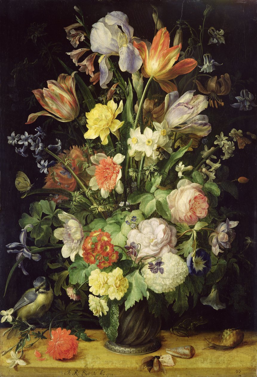 静物与鲜花和蓝雀 作者 约翰·鲁道夫·比斯（Johann Rudolf Byss）