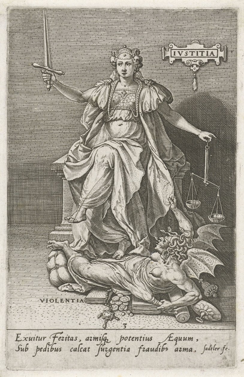 正义（Justitia）战胜暴力（Violentia）
正义（物体上的标题）
美德战胜恶习（系列标题） 作者 约翰·萨德勒（一）