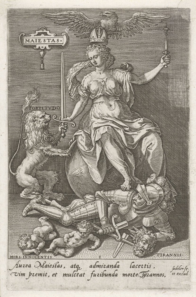 尊严（Majestas）战胜暴政（Tirannis）
Maiestas（物品上的标题）
美德战胜恶习（系列名称） 作者 约翰·萨德勒（一）
