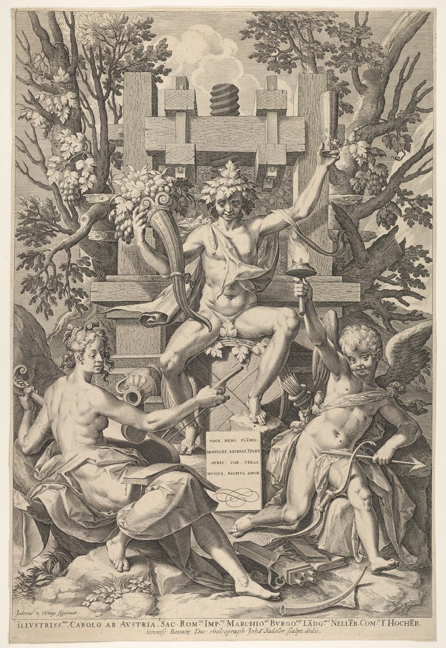 巴克斯（Bacchus），音乐，阿莫尔（Amor），1575-1600年。 作者 约翰·萨德勒一世