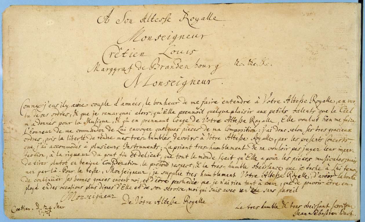 1721年3月24日勃兰登堡Margrave的Christian Ludwig手写奉献&39;Brandenburger Concertos&39;（纸笔墨水） 作者 约翰·塞巴斯蒂安·巴赫（Johann Sebastian Bach）