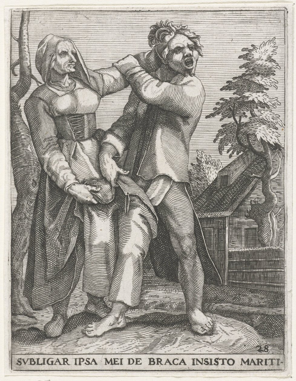 裤子争夺战
SUBLIGAR IPSA MEI DE BRACA INSISTO MARITI（物品上的标题）
塞库拉利亚徽章，1596 年（系列标题） 作者 约翰·西奥多·德·布里