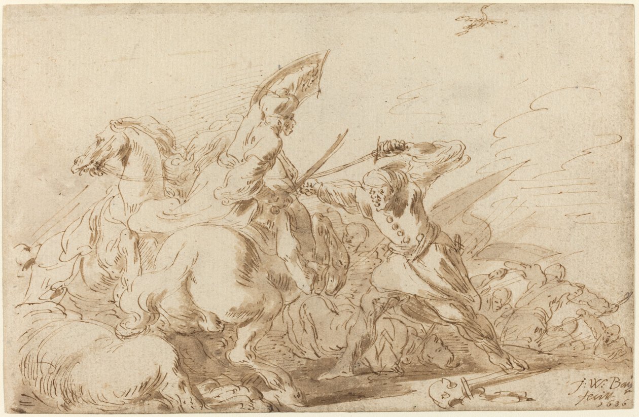 东方骑兵和士兵之间的战斗，1636年。 作者 约翰·威廉·鲍尔（Johann Wilhelm Baur）