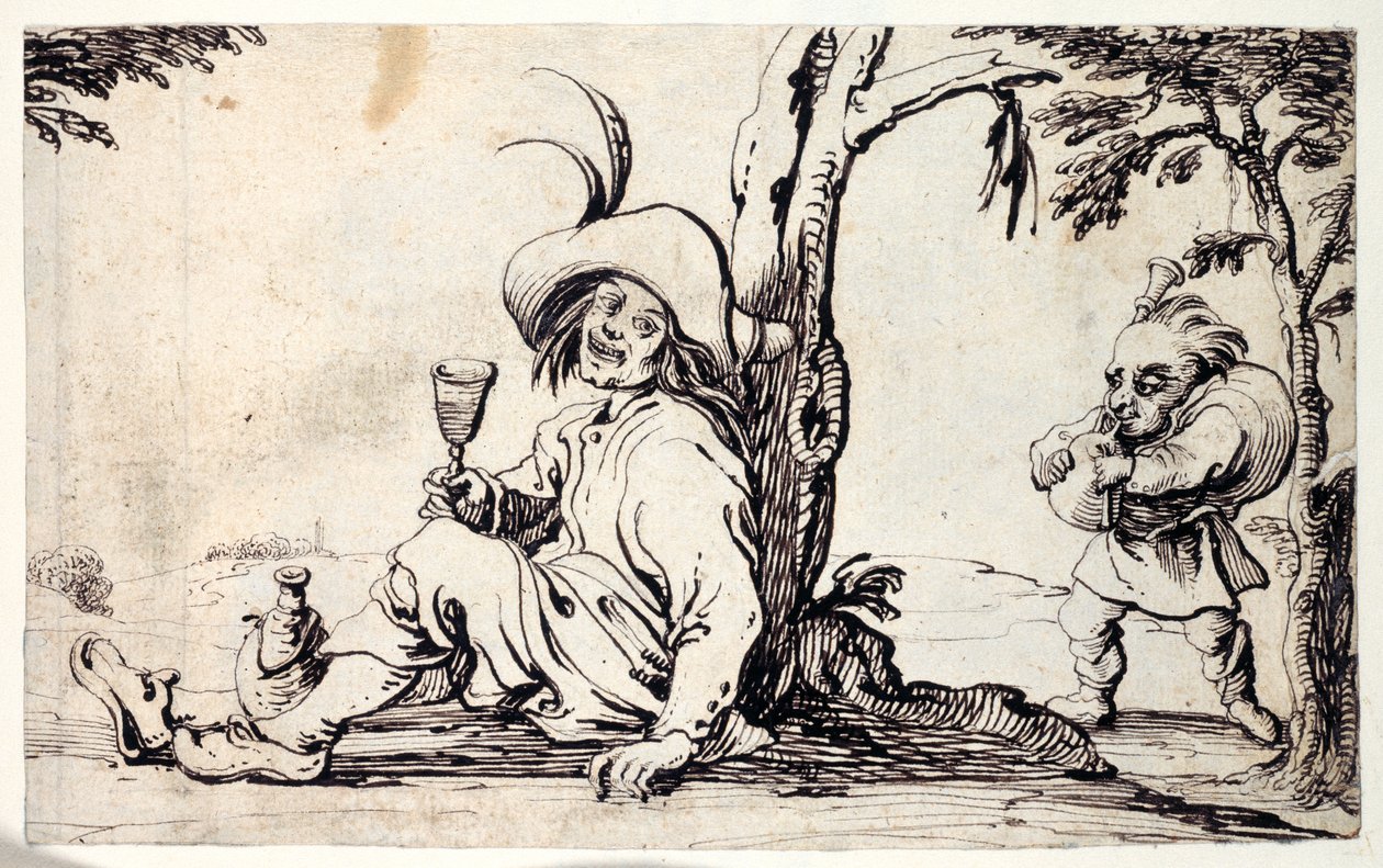 乡下人坐着提神，小矮人拿着风笛（纸上笔墨） 作者 约翰·威廉·鲍尔（Johann Wilhelm Baur）