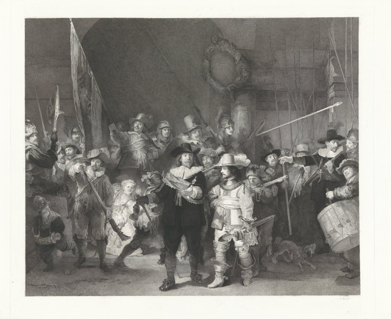 Frans Banninck Cocq 舰长和 Willem van Ruytenburch 上尉的下士船员，被称为 "守夜人"。 作者 约翰·威廉·凯撒（一）