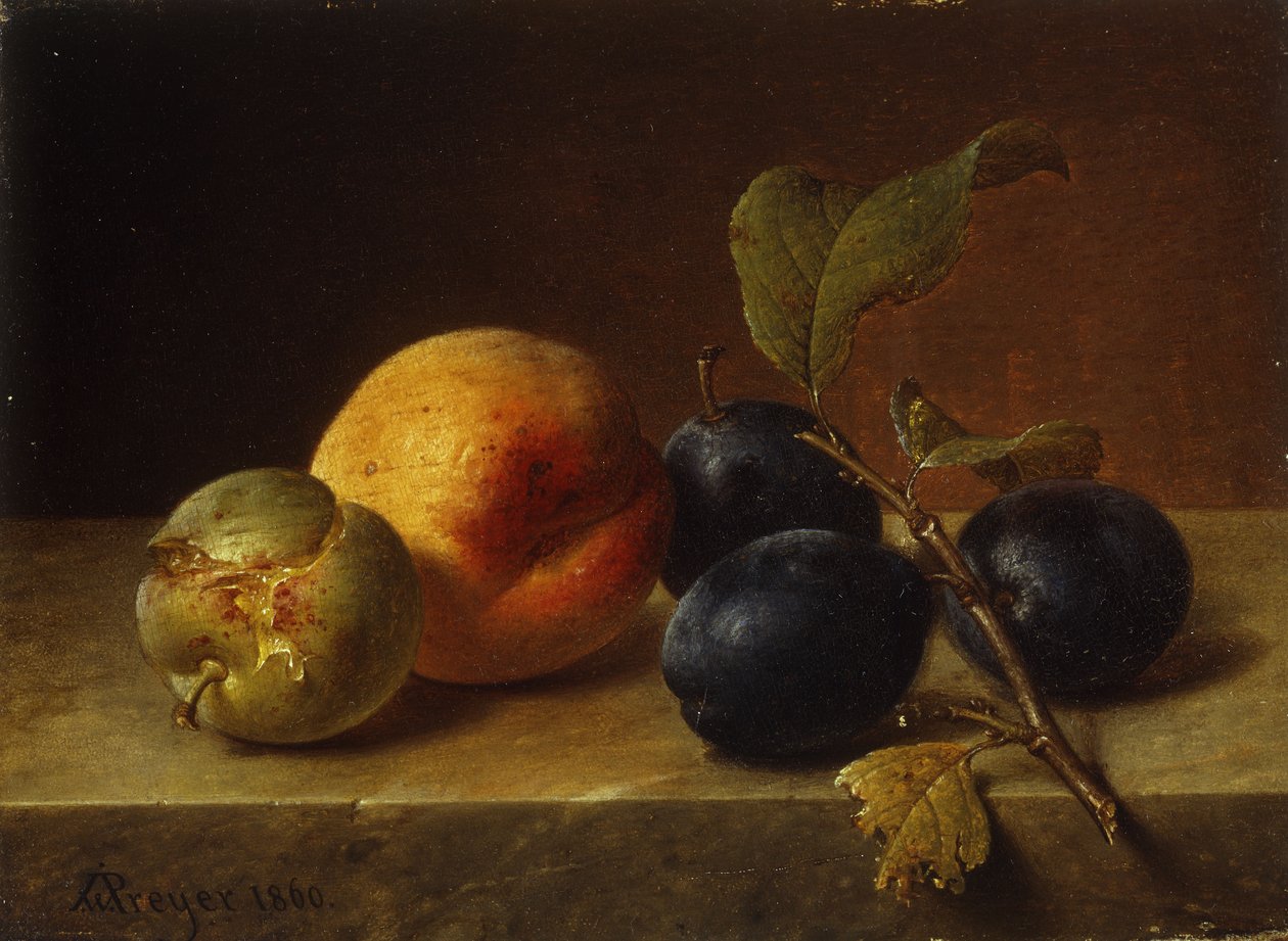 大理石壁架上的桃子和李子，1860年 作者 约翰·威廉·普雷耶（Johann Wilhelm Preyer）