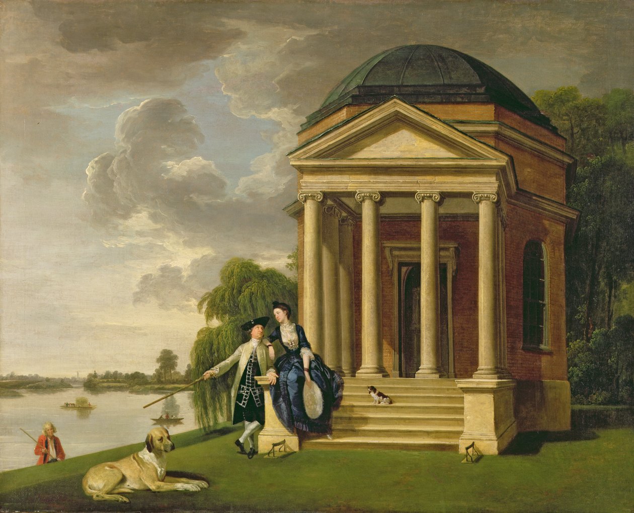 大卫·加里克（David Garrick，1717-79年）和他的妻子在汉普顿的莎士比亚庙宇（1762年生）（布面油画） 作者 约翰·佐法尼（Johann Zoffany）