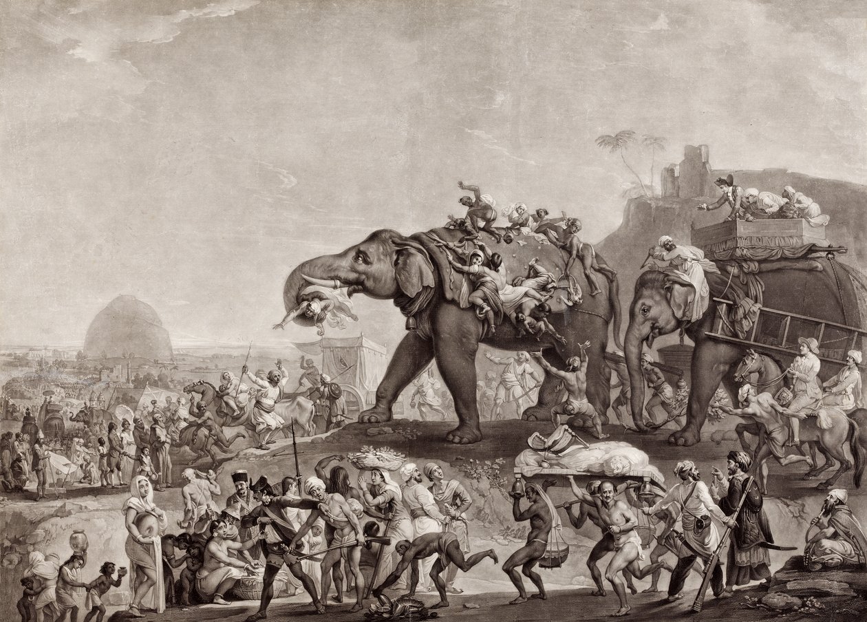 海德比克大使馆来自加尔各答，来自Vudeier of Oude，通过Patna的方式，在1788年，见到康沃利斯勋爵，pub.c.1800（mezzotint） 作者 约翰·约瑟夫·佐凡尼