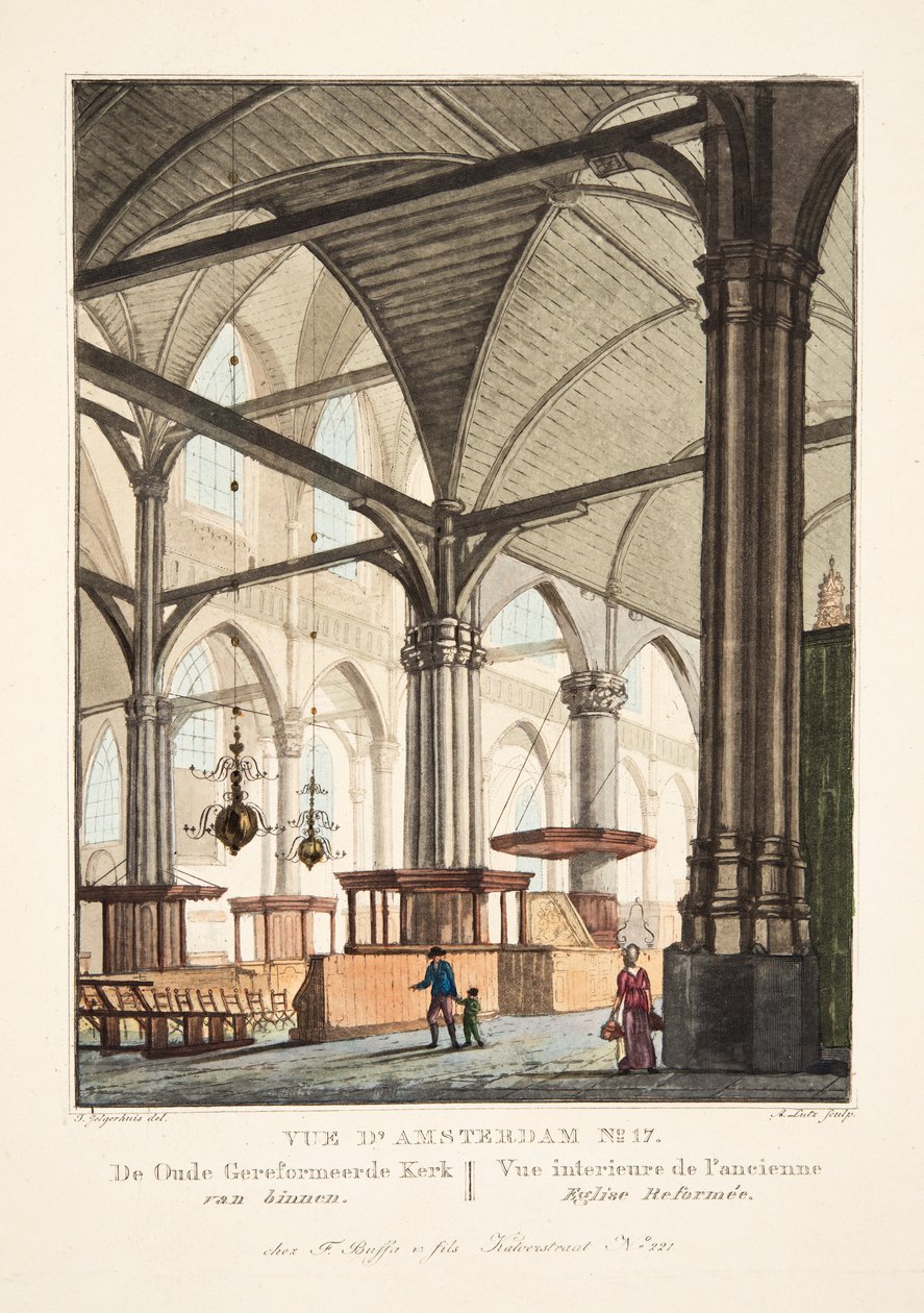 Vue d&39;Amsterdam No.17。里面的旧改革教会。 Vue interieur de l&39;ancienneEgliseReformée，1825（手工彩色雕刻） 作者 约翰尼斯·杰格威斯（Johannes Jelgerhuis）
