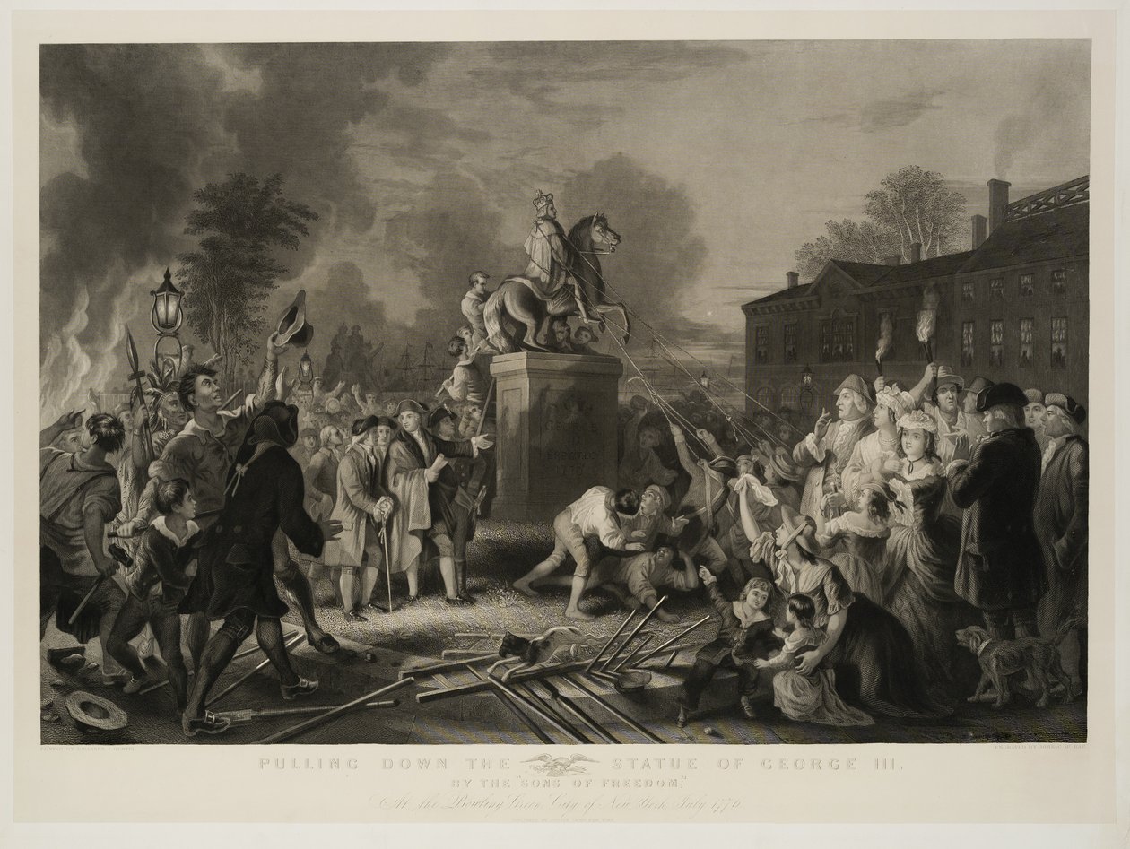 在1753年7月，在纽约市保龄球馆，由约翰·C·麦克雷（John C. McRae）雕刻，1853年后，由自由之子拉下乔治三世雕像 作者 约翰内斯·亚当·西蒙·厄特尔