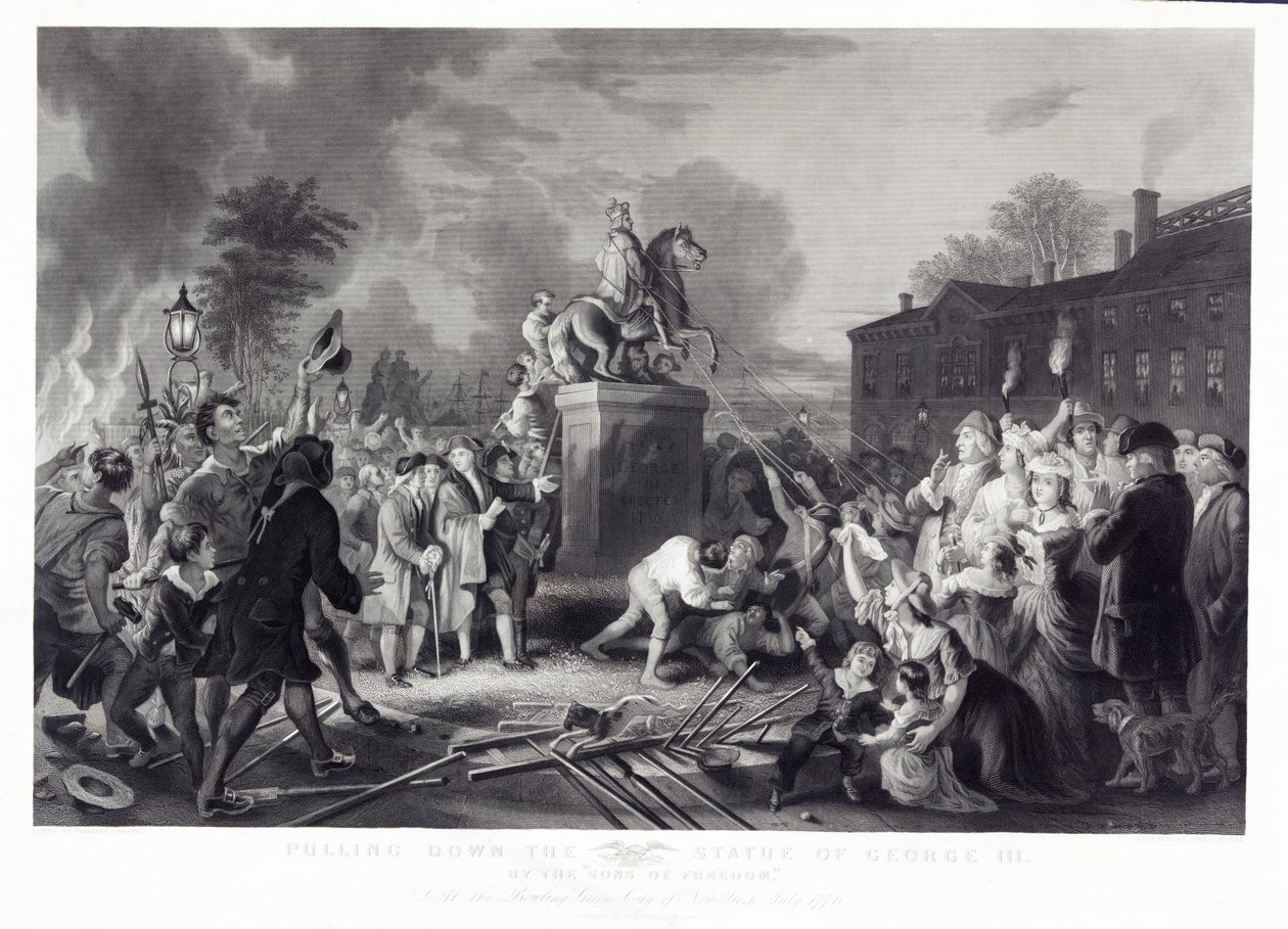 1776年7月，纽约市保龄球馆的自由之子拉下了乔治三世的雕像，酒吧。 1875年 作者 约翰内斯·亚当·西蒙（Ohtel）之后