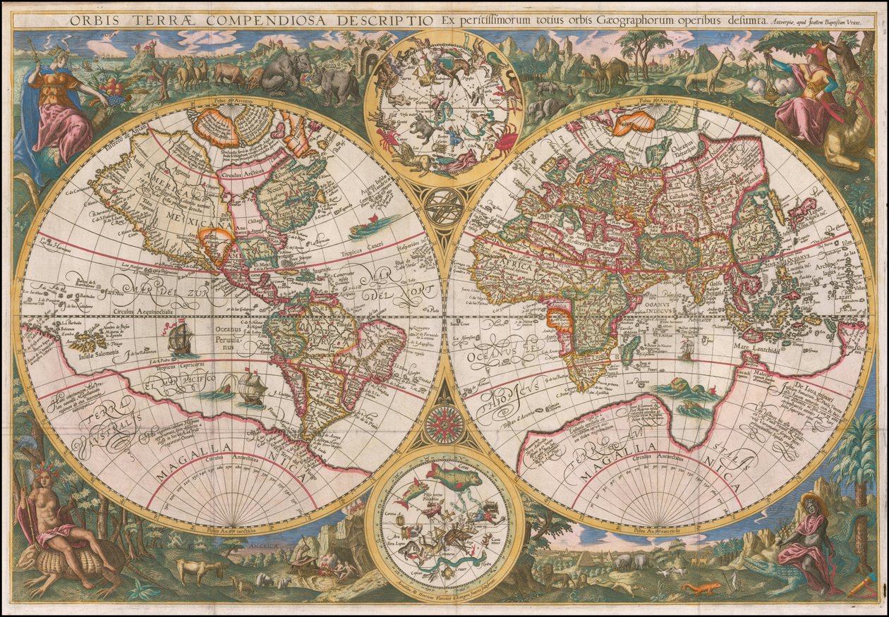 1596 年世界地图 - Orbis Terrae Compendiosa Descriptio Ex peristissimorum totius orbis Gaeographorum operibus desumpta 作者 约翰·巴普蒂斯塔·弗林茨