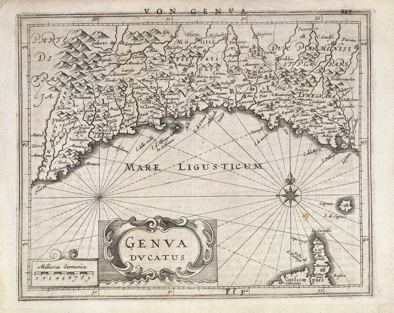 热那亚公国，Jan Baptist Vrients根据德国地图集绘制的地图，铜版画，17世纪半。 作者 约翰·巴普蒂斯塔·弗林茨
