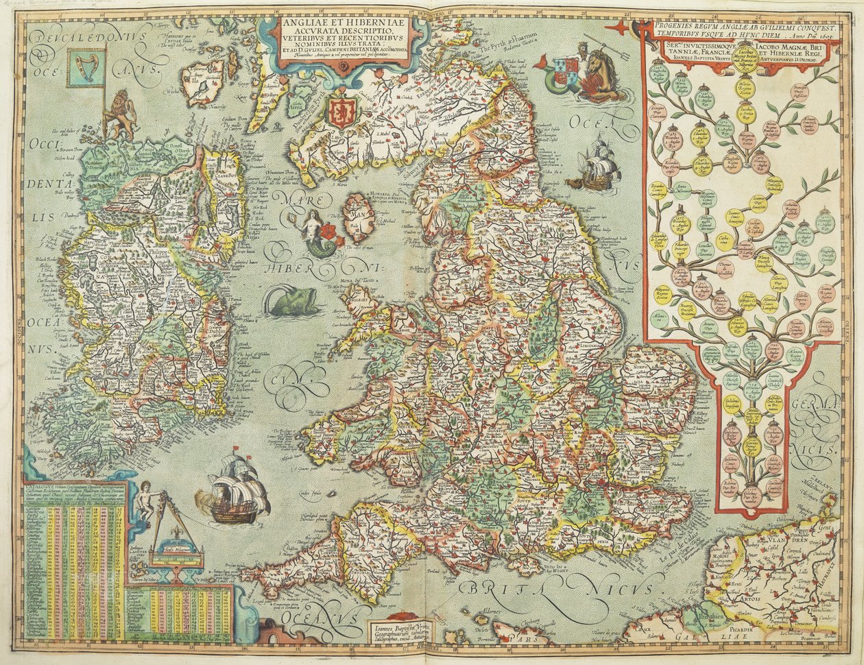 1606 年绘制的英格兰和爱尔兰地图（彩色版画） 作者 约翰·巴普蒂斯塔·弗林茨
