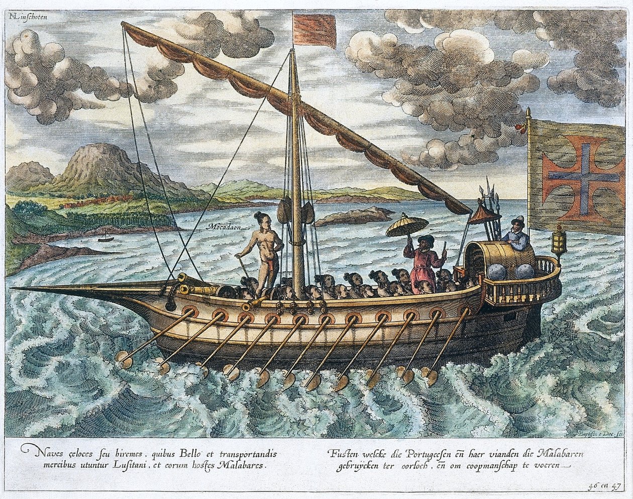 Fusta，来自&39;Jan Huyghen van Linschoten的插图，他的东西西印度群岛的航行&39;，1579-92 作者 约翰内斯·巴普蒂斯塔（Johannes Baptista）