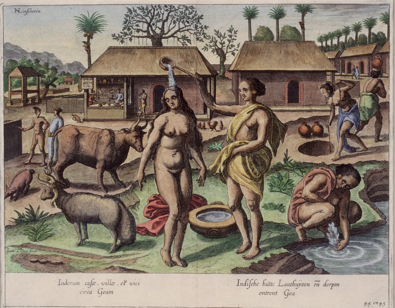 果阿的生活，插图来自&39;Jan Huyghen van Linschoten，他的航行对东西印度群岛的论述&39;，1579-92（彩色雕刻） 作者 约翰内斯·巴普蒂斯塔（Johannes Baptista）