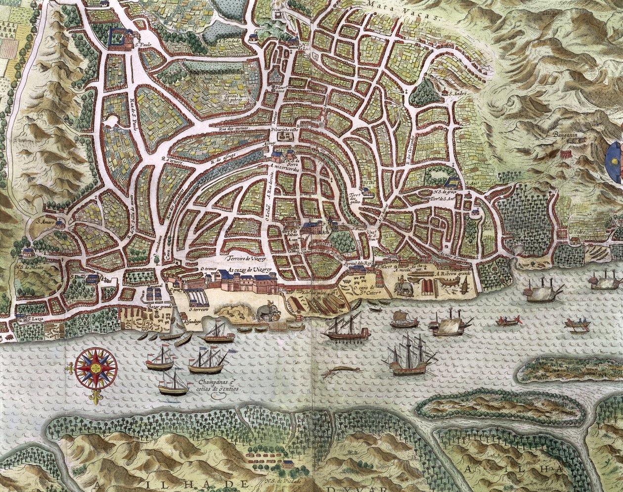 地图的城市和葡萄牙果阿港，印度，港口和商船的详细信息，1595雕刻细节110750 作者 约翰内斯·巴普蒂斯塔（Johannes Baptista）