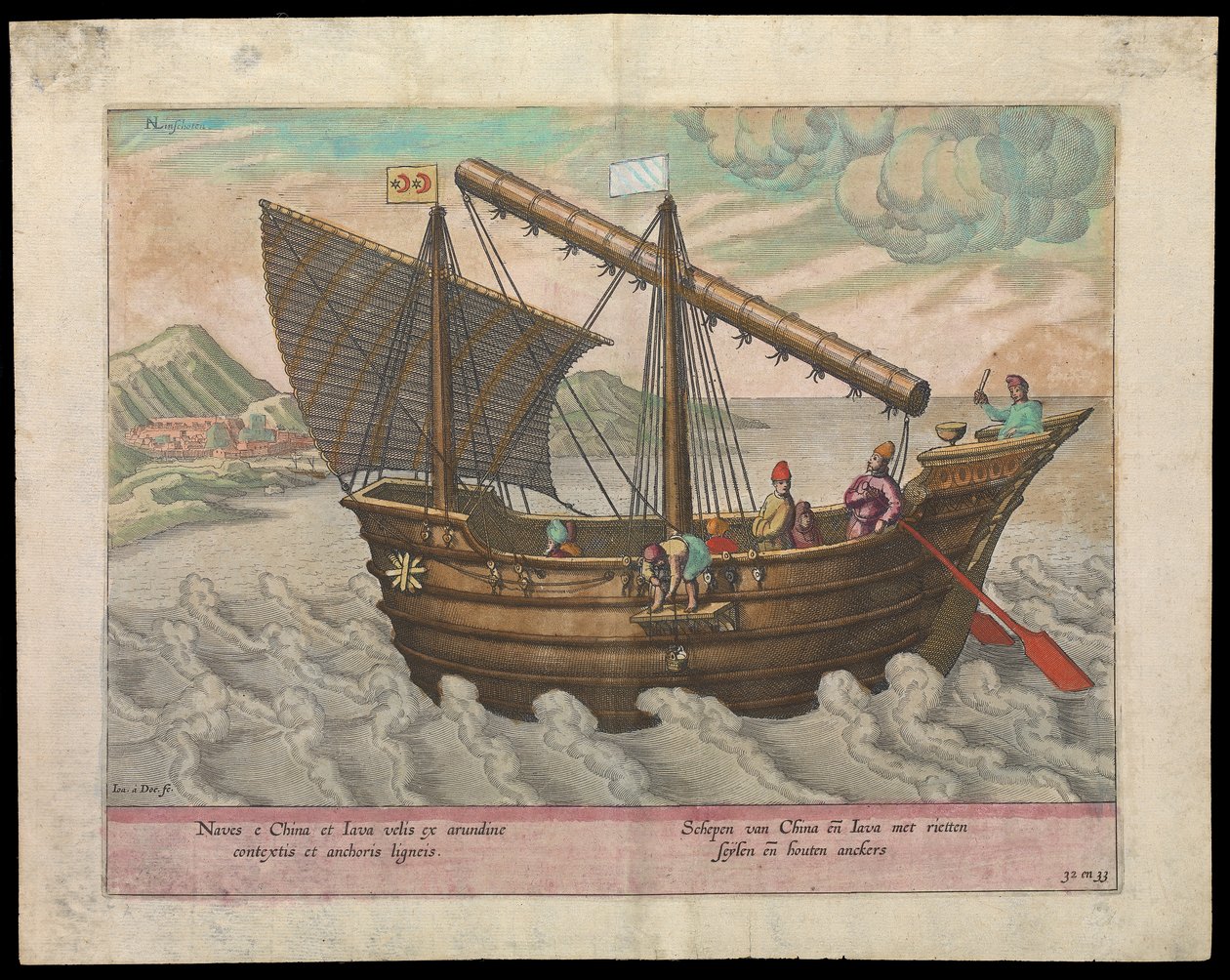Naves et China et Java（中国和爪哇的帆船，1599 年），17 世纪早期（雕刻，彩色） 作者 Johannes Baptista van the Younger Doetechum