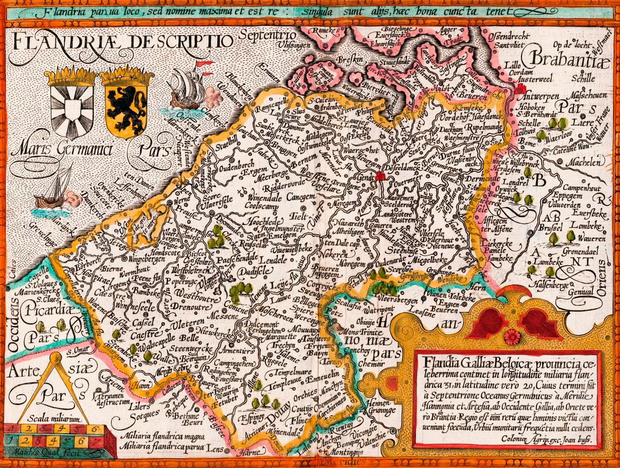 法兰德斯地图，在他的&39;Fasciculus Geographicus&39;的制图师Matthias Quad之后，后来手工着色（彩色雕刻） 作者 约翰尼斯·布塞马赫（Johannes Bussemacher）