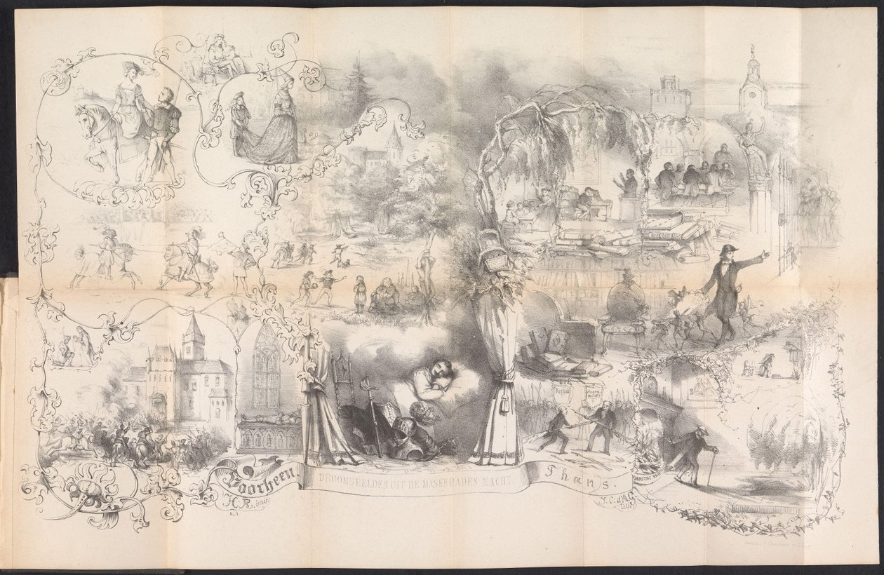 莱顿学生年鉴中的漫画，1856 年
化妆舞会之夜的梦境图像（标题在实物上） 作者 约翰内斯·克里斯蒂安·德阿诺·格肯斯