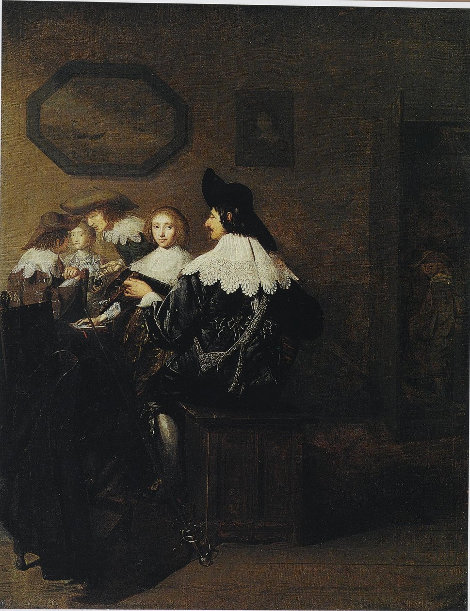 公司与一位弹琵琶的男子坐在一张桌子旁 作者 Johannes Cornelisz Versprock