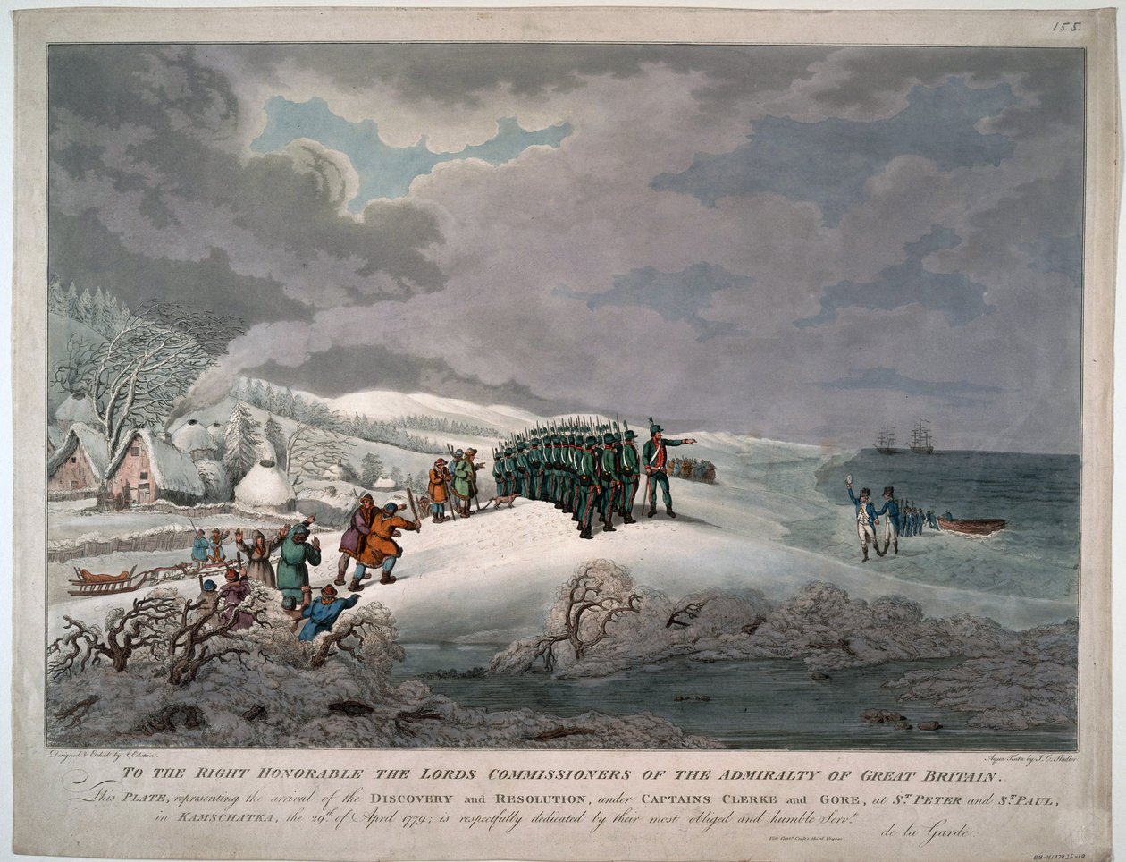 Charles Clerke (1740-1779) 和 John Gore (mort en 1790) 船长带领下的决议和发现号到达堪察加半岛东海岸 - Eckstein, Johannes (1735-1817) - 1779 - 水印 - 51x65,8 - 私人收藏 作者 约翰尼斯·埃克斯坦