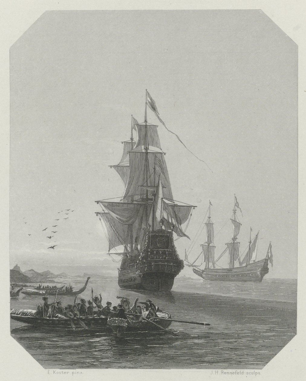 阿贝尔-塔斯曼抵达新西兰，1642-1643年，约1865年 作者 约翰内斯·海因里希·玛丽亚·休伯特·雷纳菲尔德