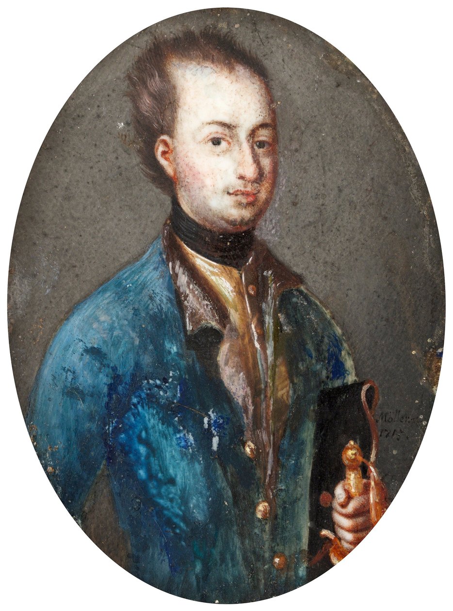 瑞典国王查理十二世肖像 (1682-1718) - 约翰内斯·海因里希·莫勒 (Johannes Heinrich Moeller, 1814-1885) 的作品，瓷器水粉画 作者 约翰内斯·海因里希·默勒