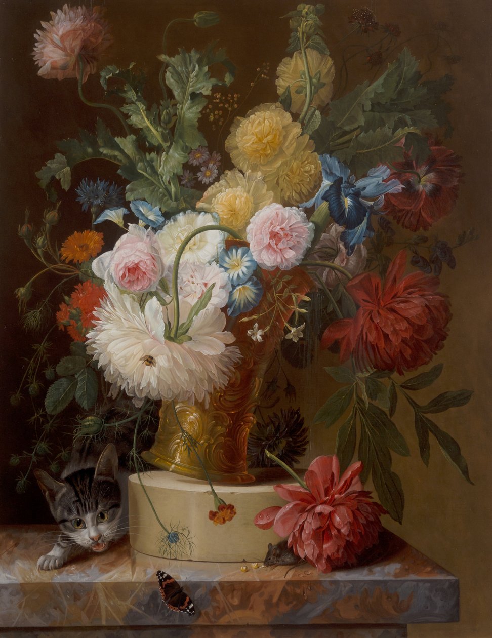 礁石上的花与猫的静物画 作者 约翰尼斯·亨德里克·弗雷德里克斯（Johannes Hendrick Fredriks）