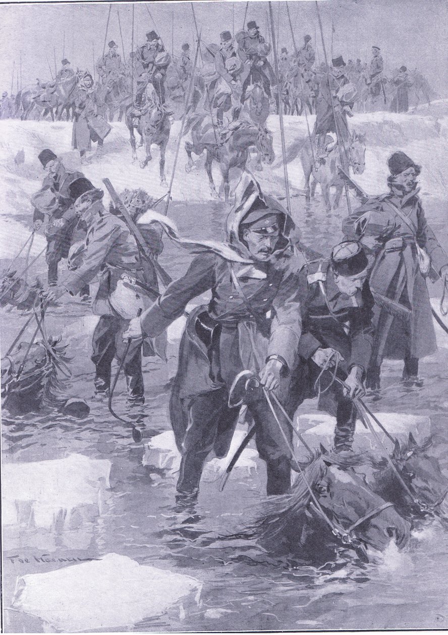 马术的壮举。俄罗斯骑兵穿越河流，插图来自日本战争卷1，c.1900的历史 作者 约翰尼斯·赫尔曼·巴伦德·科克科克（Johannes Hermann Barend Koekkoek）