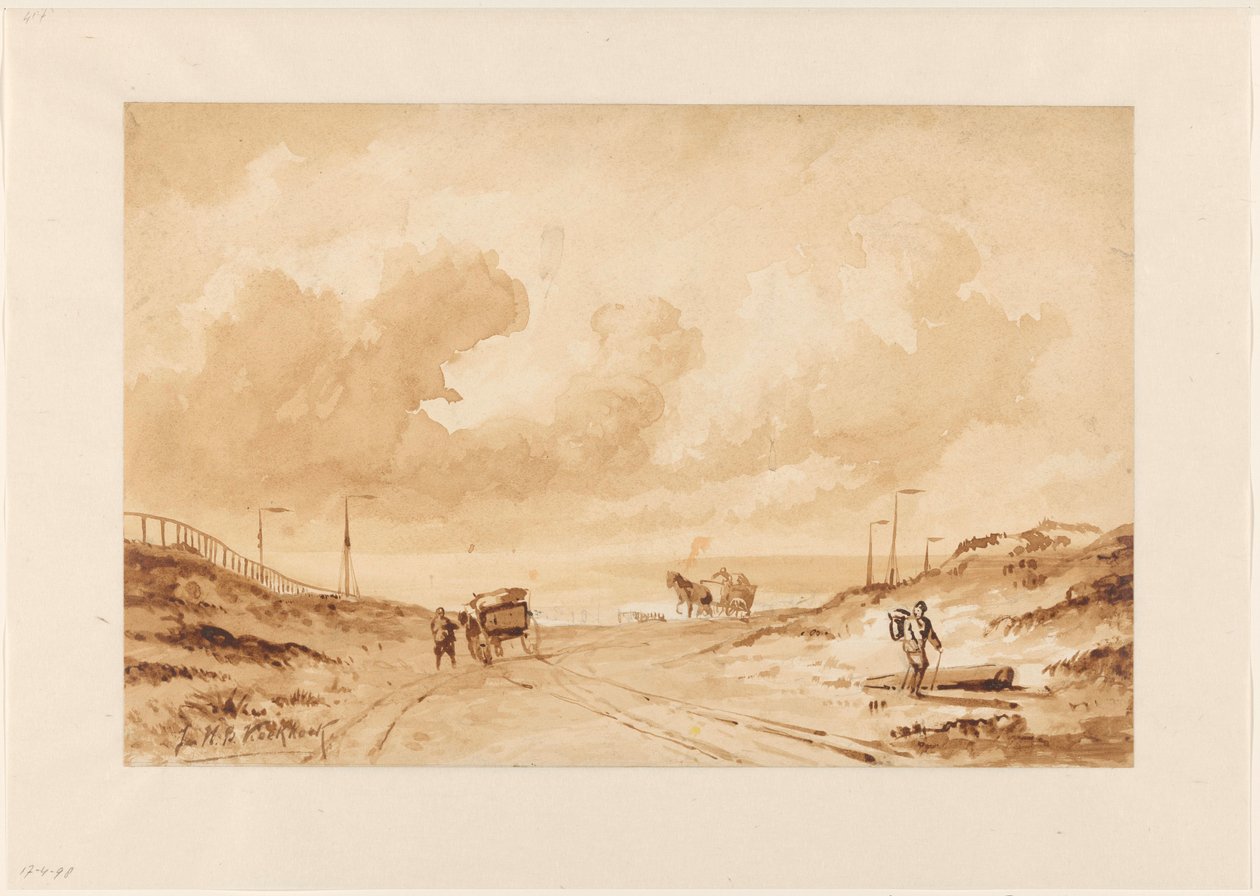 沙丘与大海之间有一条路的景观 作者 Johannes Hermanus Barend Koekkoek