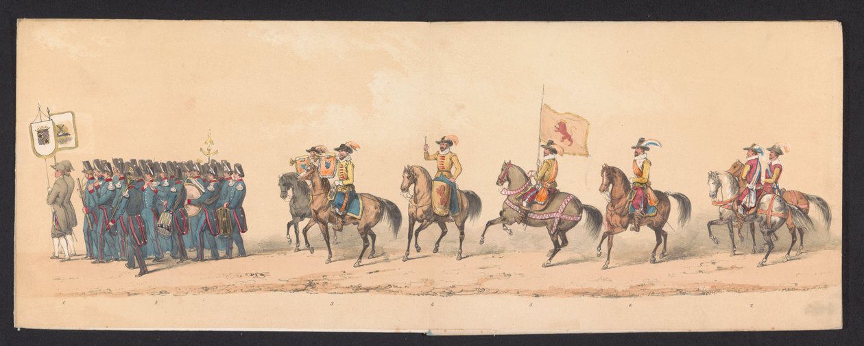 格罗宁根中学学生的历史庆典，1850 年（图版 1）
1594 年奥兰治亲王、拿骚伯爵莫里斯和拿骚伯爵威廉-洛德维克进入格罗宁根时的盛装表演，由 H.H. Groningen 创作。 作者 约翰内斯·赫曼努斯·范德韦耶