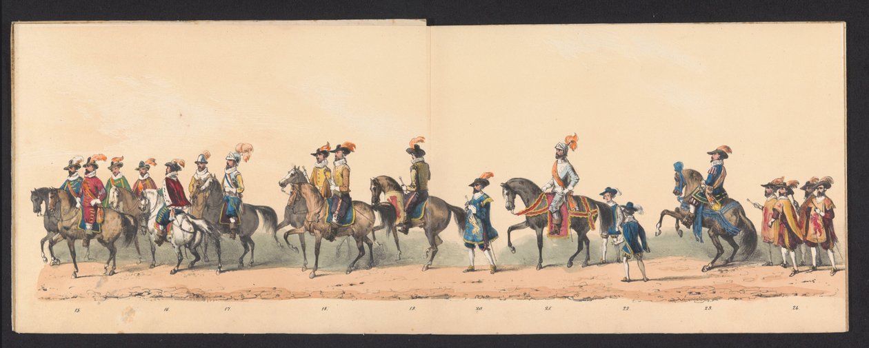 格罗宁根中学学生的历史庆典，1850 年（图版 3）
1594 年奥兰治亲王、拿骚伯爵莫里斯和拿骚伯爵威廉-洛德维克进入格罗宁根时的盛装表演，由 H.H. Groningen 创作。 作者 约翰内斯·赫曼努斯·范德韦耶