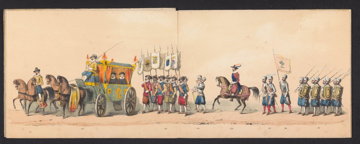 格罗宁根中学学生的历史庆典，1850 年（图版 4）
1594 年奥兰治亲王、拿骚伯爵莫里斯和拿骚伯爵威廉-洛德维克进入格罗宁根时的盛装表演，由 H.H. Groningen 制作。 作者 约翰内斯·赫曼努斯·范德韦耶