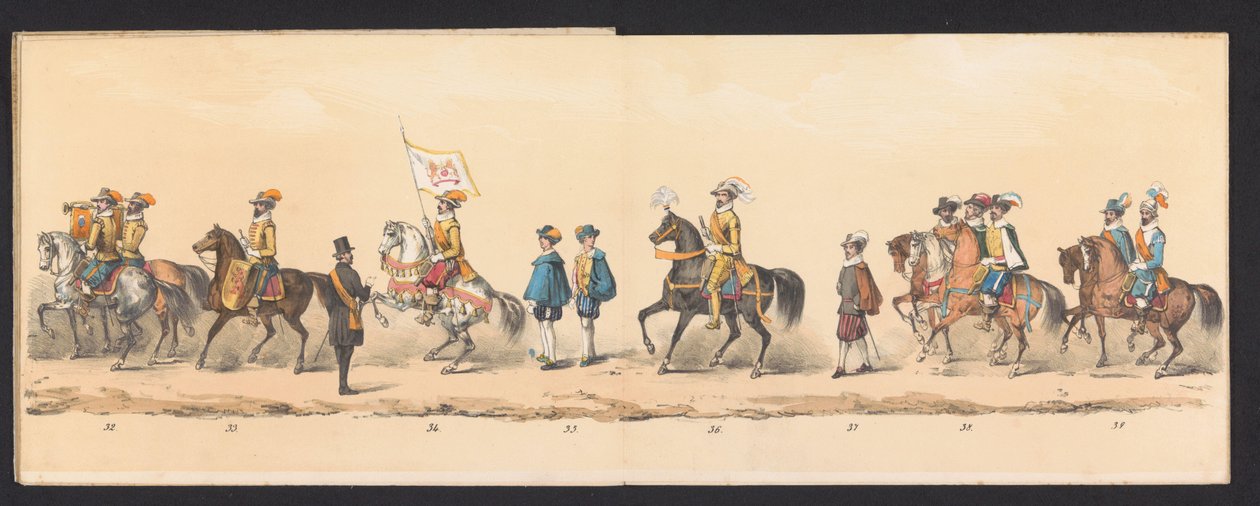 格罗宁根中学学生的历史庆典，1850 年（图版 5）
1594 年奥兰治亲王、拿骚伯爵莫里斯和拿骚伯爵威廉-洛德维克进入格罗宁根时的盛装表演，由 H.H. Groningen 创作。 作者 约翰内斯·赫曼努斯·范德韦耶