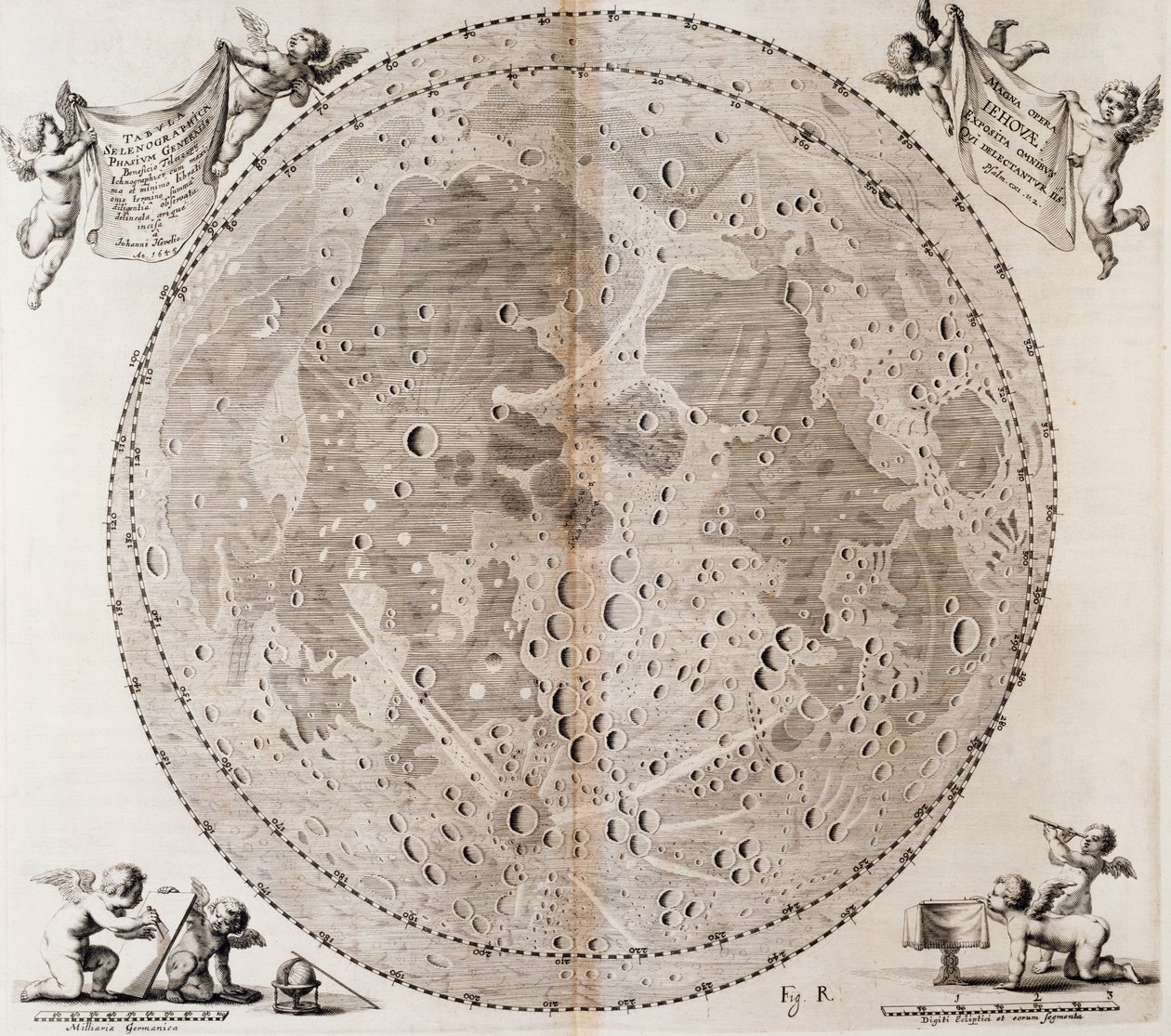 约翰·赫维留斯 (Johann Hevelius) 于 1647 年绘制的第一张详细的月球地图，打印自 Johann Hevelius (1611-1687) 天体地图集 Selenographia sive Lunae descriptio，格但斯克 作者 约翰尼斯·赫维留斯