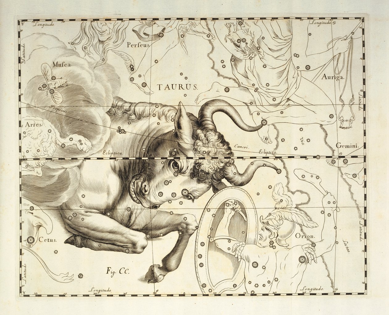 金牛座，金牛座，天体图集《Firmamentum Sobiescianum sive Uronographia》中的雕刻，作者约翰-赫维留斯（1611-1687 年），格但斯克 作者 约翰尼斯·赫维留斯
