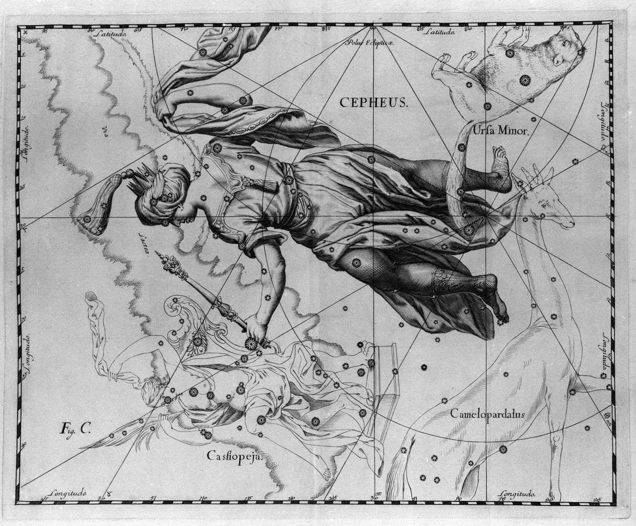 埃塞俄比亚国王仙王座（或仙王座）的星座。 取自 Johannes Hevelius 或 Hevel（1611-1687）的“Firmamentum Sobiescanum sive Uranographia”的盘子 作者 约翰尼斯·赫维留斯